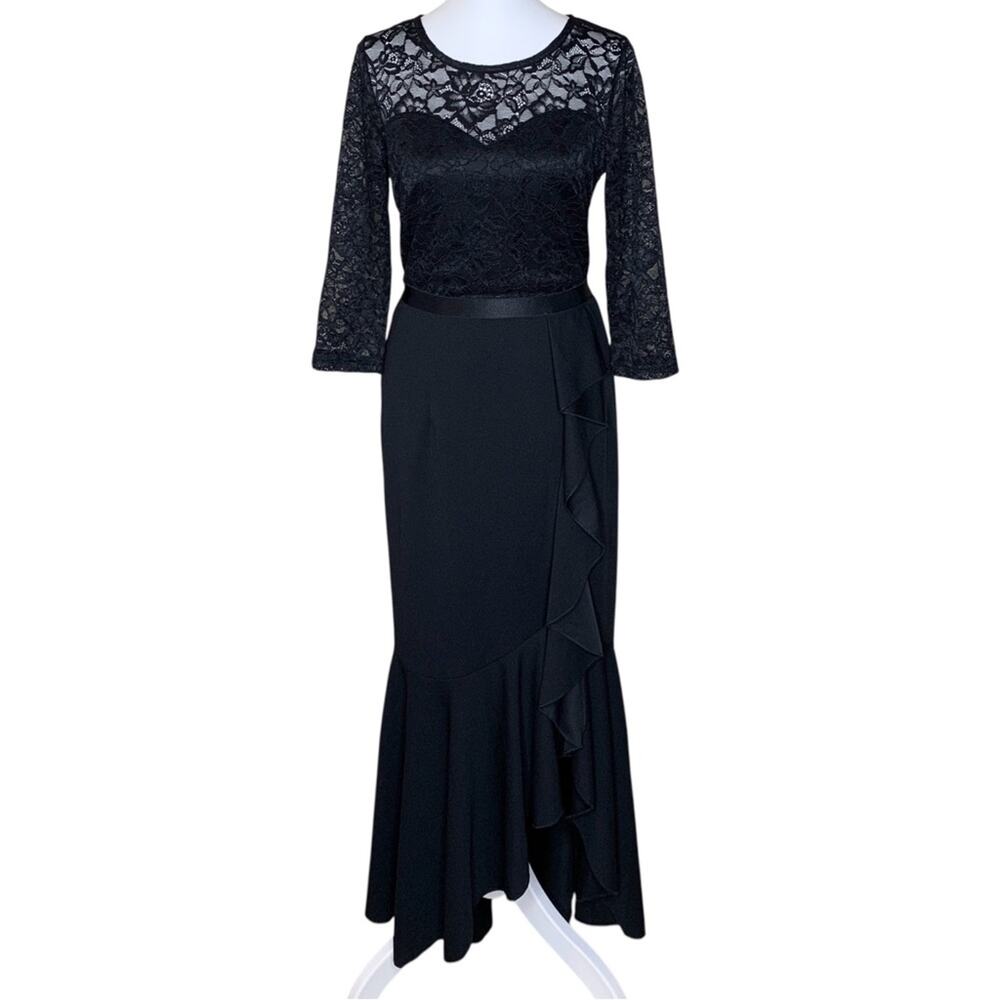Missmay Black Lace Formal Dress S NEW Sheer Illusion Neck 3/4 Sleeve Ruffle Slit